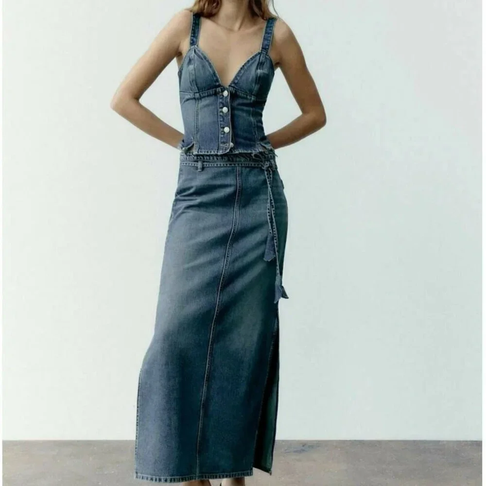 Zara DENIM SKIRT TRF BLUE 0/8197/045-maxi-medium wash-size S-NWT - Picture 3 of 3